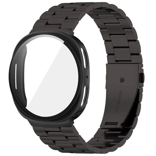 For Samsung Galaxy Watch9 40mm / Watch8 40mm 3-Bead Stainless Steel Band + PC Watch Case with Tempered Glass Screen Protector - Black - 1