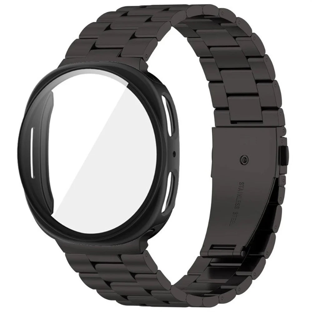 For Samsung Galaxy Watch9 44mm / Watch8 44mm 3-Bead Stainless Steel Band + PC Watch Case with Tempered Glass Screen Protector - Black - 1