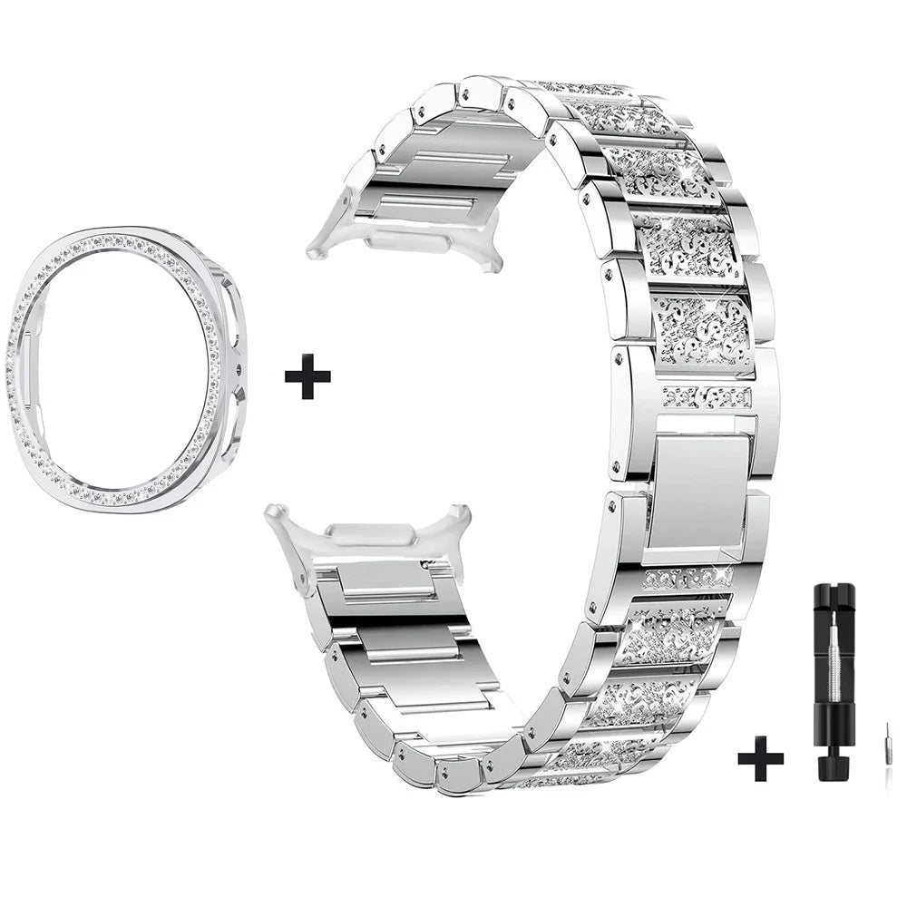 Rhinestone Watch Band for Samsung Galaxy Watch9 44mm / Watch8 44mm 3-Bead Stainless Steel Strap with Half-wrap Protective Case and Link Removal Tool - Silver - 1