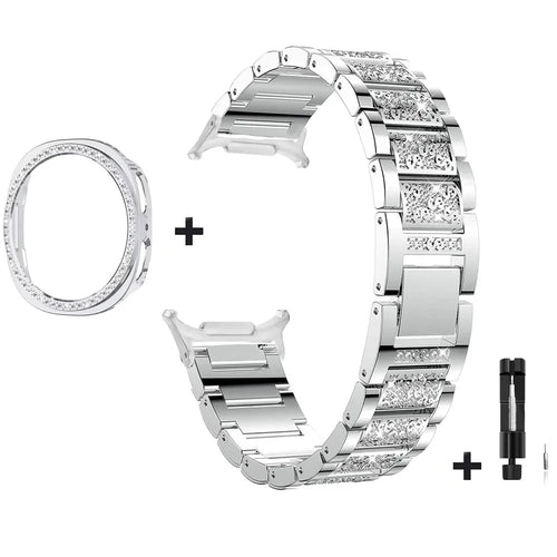 Rhinestone Watch Band for Samsung Galaxy Watch9 44mm / Watch8 44mm 3-Bead Stainless Steel Strap with Half-wrap Protective Case and Link Removal Tool - Silver - 1