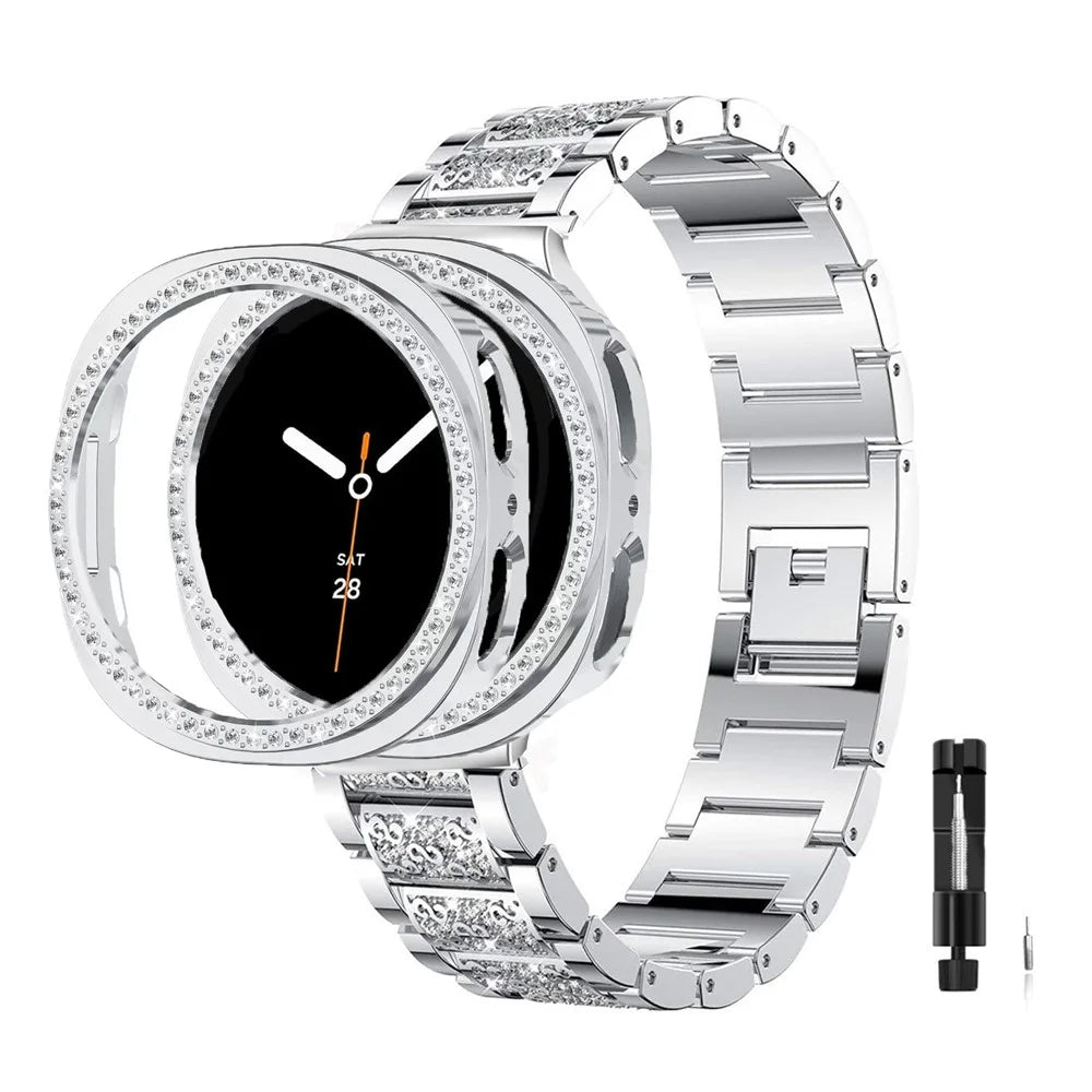 Rhinestone Watch Band for Samsung Galaxy Watch9 44mm / Watch8 44mm 3-Bead Stainless Steel Strap with Half-wrap Protective Case and Link Removal Tool - Silver - 3