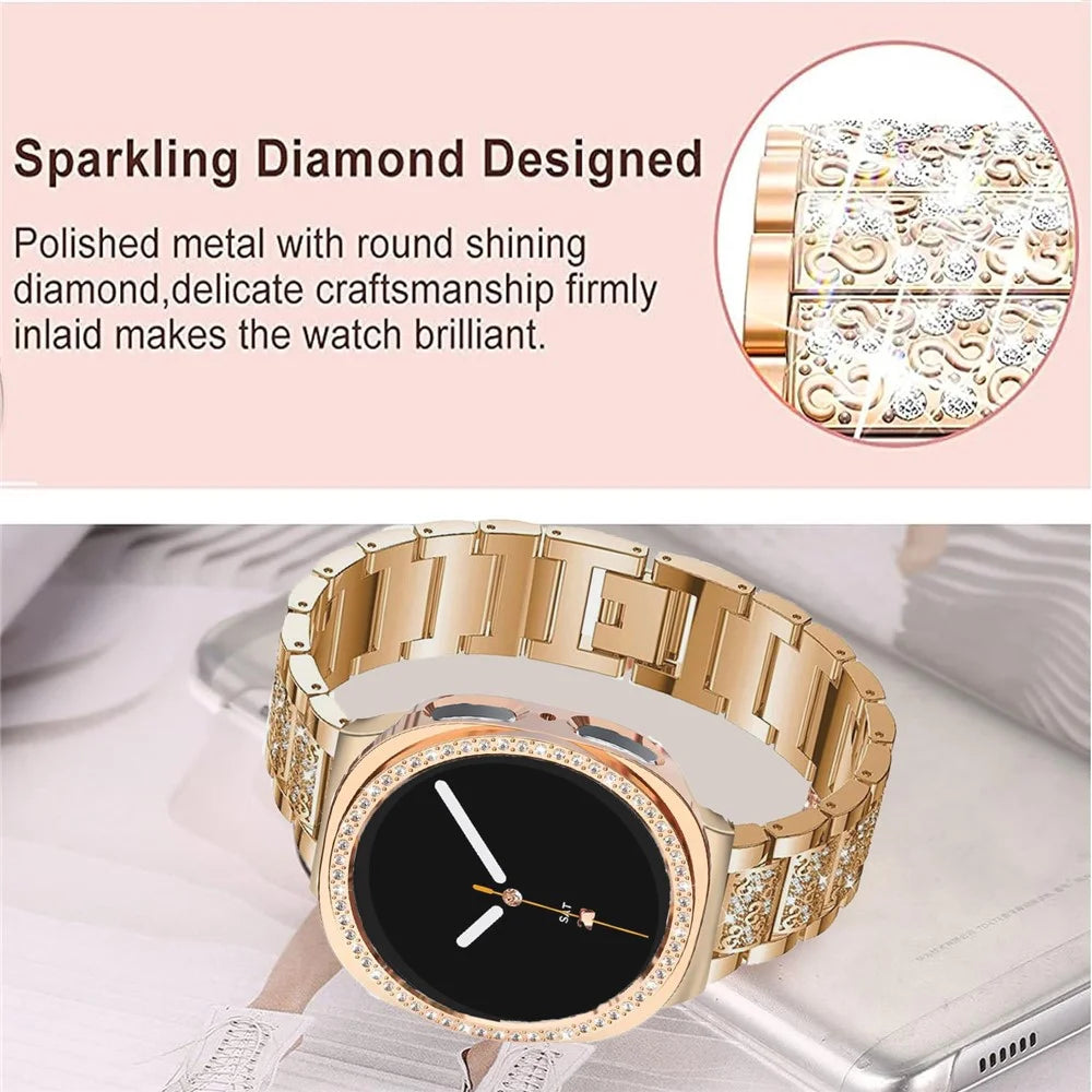 Rhinestone Watch Band for Samsung Galaxy Watch9 44mm / Watch8 44mm 3-Bead Stainless Steel Strap with Half-wrap Protective Case and Link Removal Tool - Silver - 7
