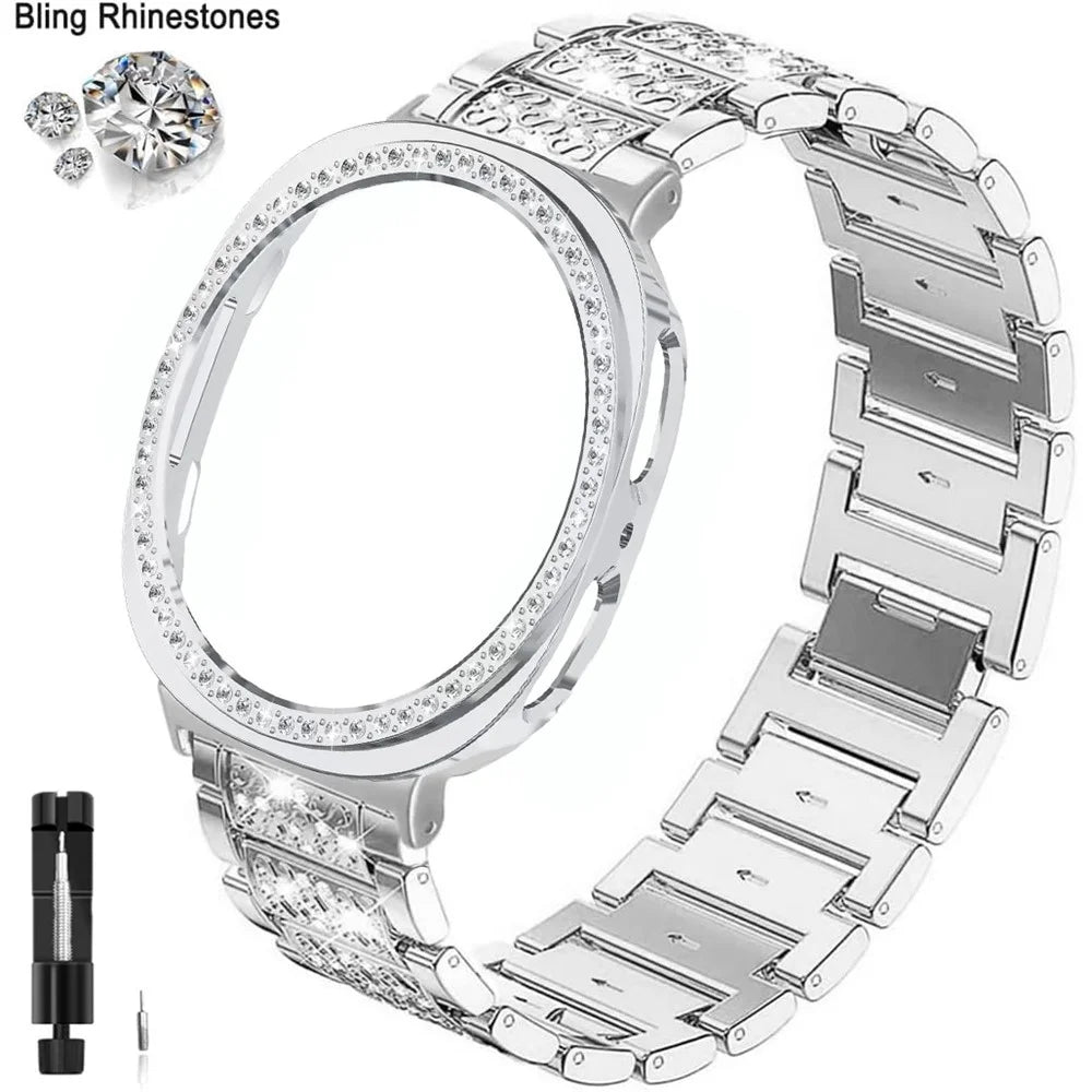 Rhinestone Watch Band for Samsung Galaxy Watch9 40mm / Watch8 40mm 3-Bead Stainless Steel Strap with Half-wrap Protective Case and Link Removal Tool - Silver - 2