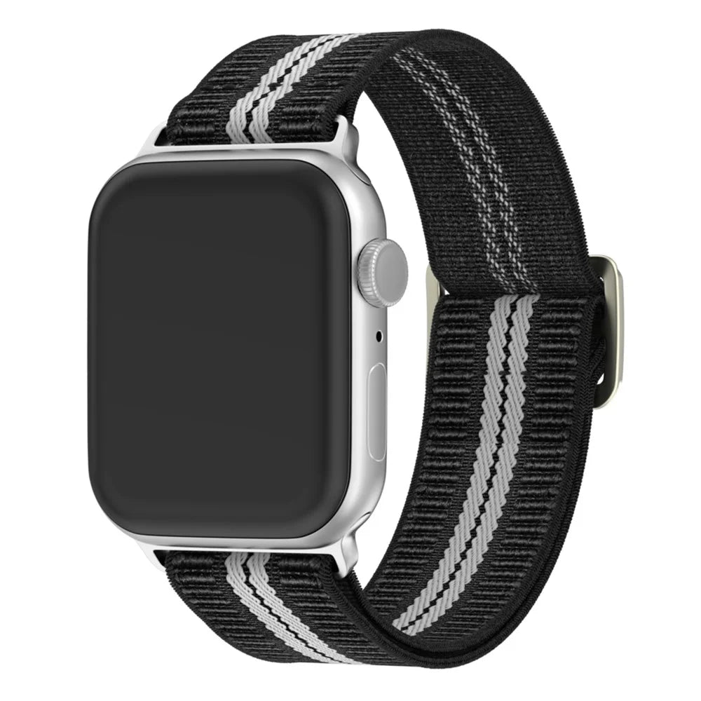 Nylon Watch Band for Apple Watch Ultra 3 2 1 49mm / Series 11 10 46mm / 9 8 7 45mm / SE3 SE2 SE 6 5 4 44mm / 3 2 1 42mm Dual-Color Striped Strap - Black / White - 2