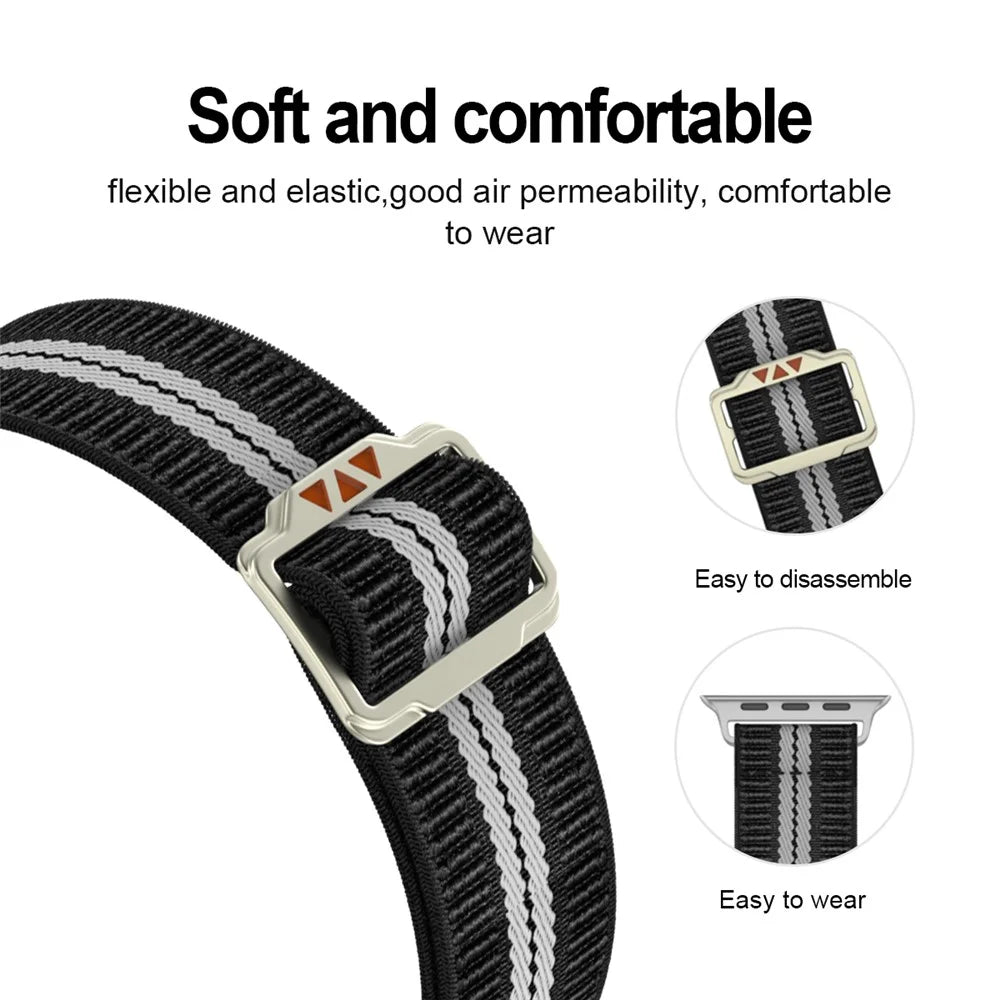Nylon Watch Band for Apple Watch Ultra 3 2 1 49mm / Series 11 10 46mm / 9 8 7 45mm / SE3 SE2 SE 6 5 4 44mm / 3 2 1 42mm Dual-Color Striped Strap - Black / White - 6