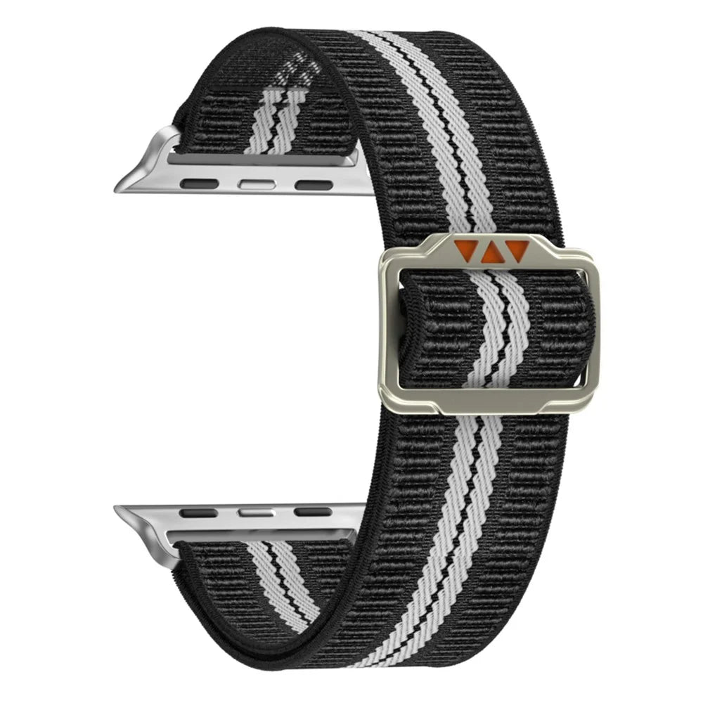 Nylon Watch Band for Apple Watch Series 11 10 42mm / 9 8 7 41mm / SE3 SE2 SE 6 5 4 40mm / 3 2 1 38mm Dual-Color Striped Strap - Black / White - 3