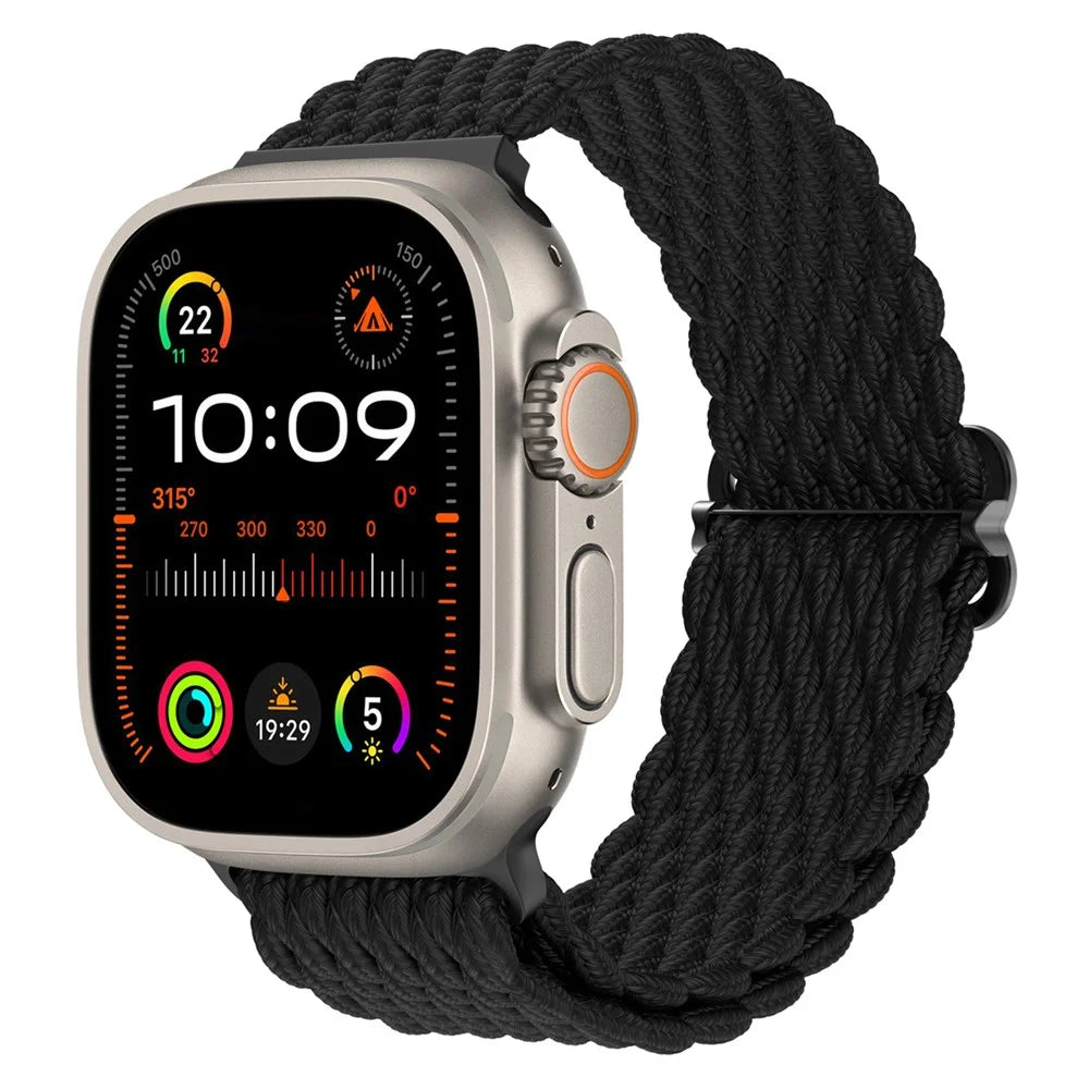 Stripe Braided Nylon Band for Apple Watch Ultra 3 2 1 49mm / Series 11 10 46mm / 9 8 7 45mm / SE3 SE2 SE 6 5 4 44mm / 3 2 1 42mm Adjustable Watch Strap - Black - 2