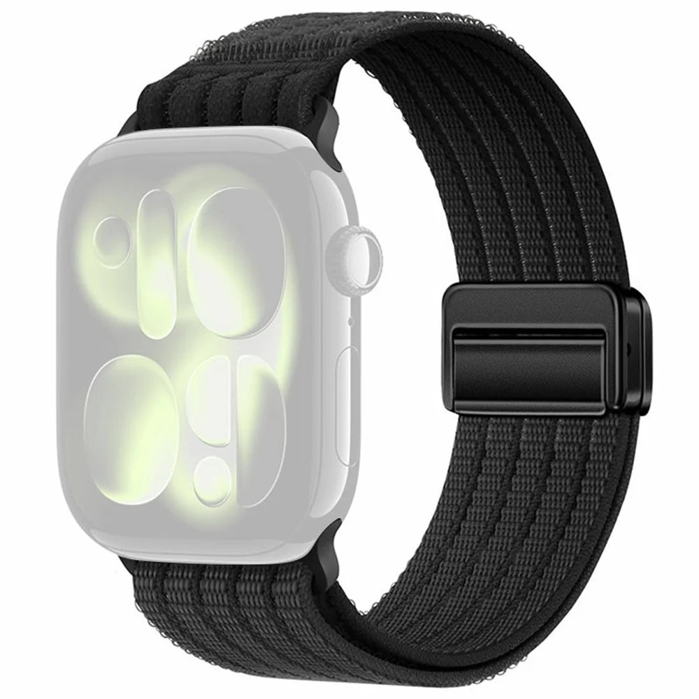 Nylon Watch Strap for Apple Watch Series 11 10 42mm / 9 8 7 41mm / SE3 SE2 SE 6 5 4 40mm / 3 2 1 38mm Magnetic Clasp Five Ring Band - Black - 1