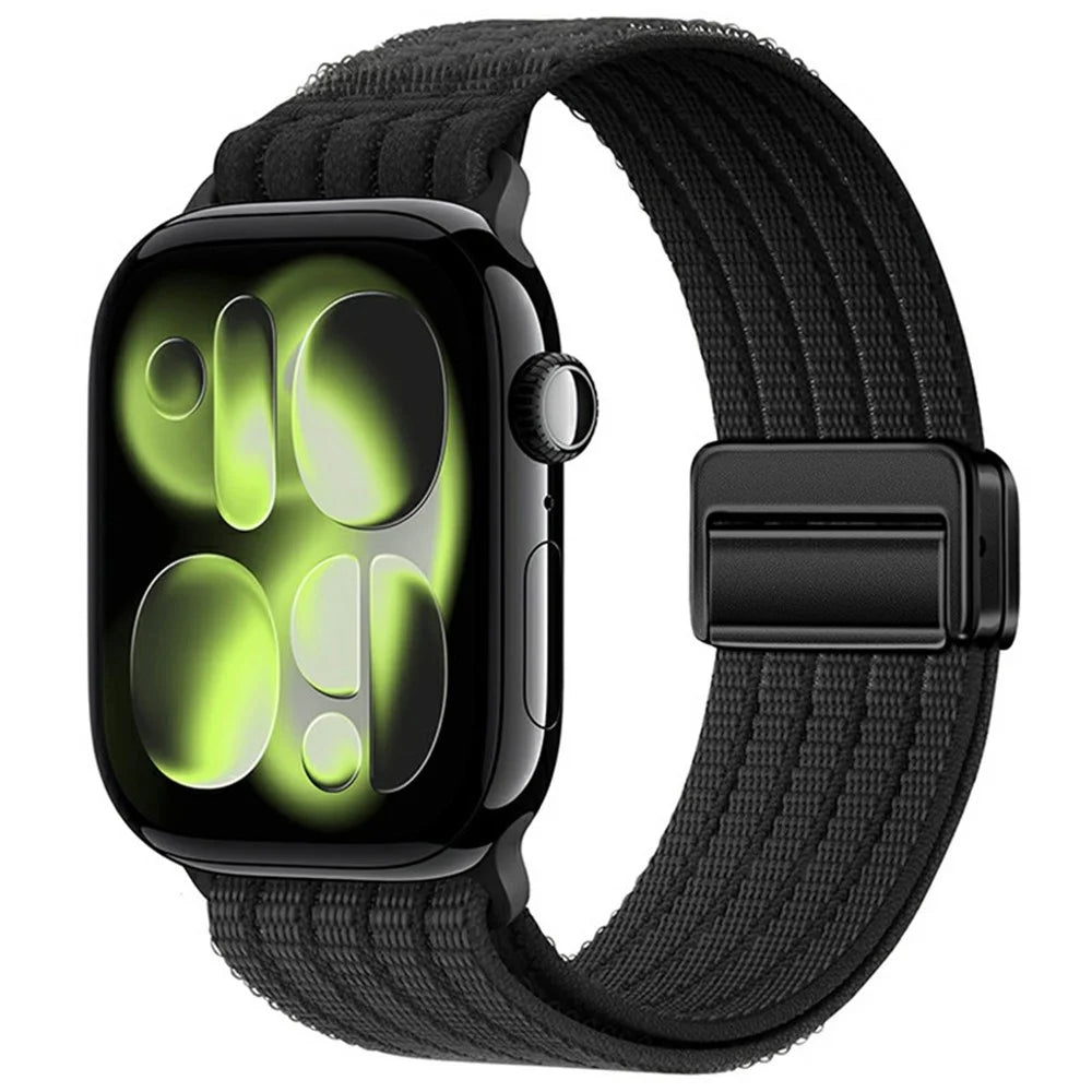 Nylon Watch Strap for Apple Watch Series 11 10 42mm / 9 8 7 41mm / SE3 SE2 SE 6 5 4 40mm / 3 2 1 38mm Magnetic Clasp Five Ring Band - Black - 2