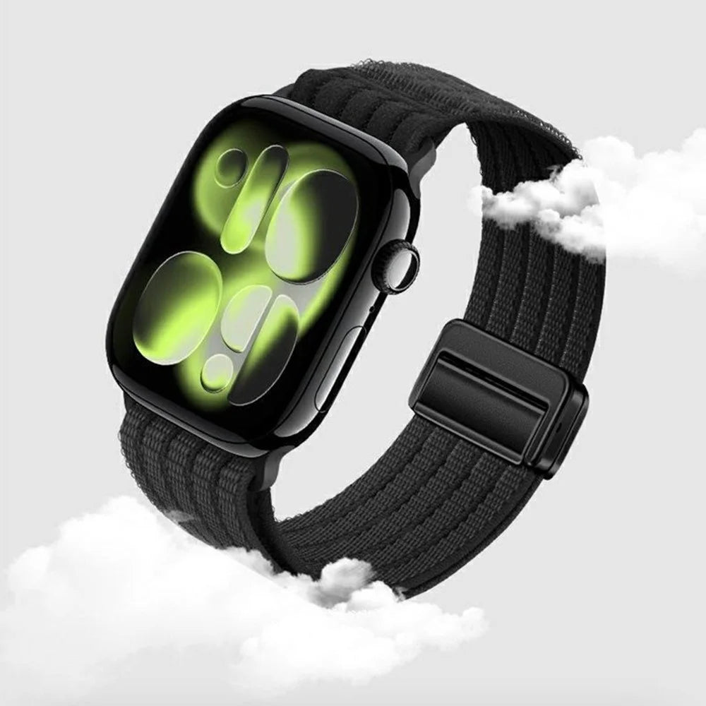 Nylon Watch Strap for Apple Watch Series 11 10 42mm / 9 8 7 41mm / SE3 SE2 SE 6 5 4 40mm / 3 2 1 38mm Magnetic Clasp Five Ring Band - Black - 7