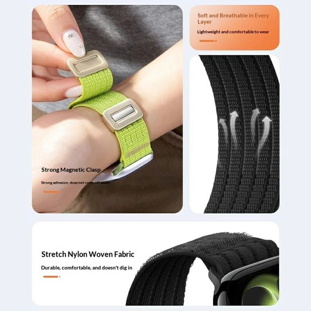 Nylon Watch Strap for Apple Watch Ultra 3 2 1 49mm / Series 11 10 46mm / 9 8 7 45mm / SE3 SE2 SE 6 5 4 44mm / 3 2 1 42mm Magnetic Clasp Five Ring Band - Black - 4