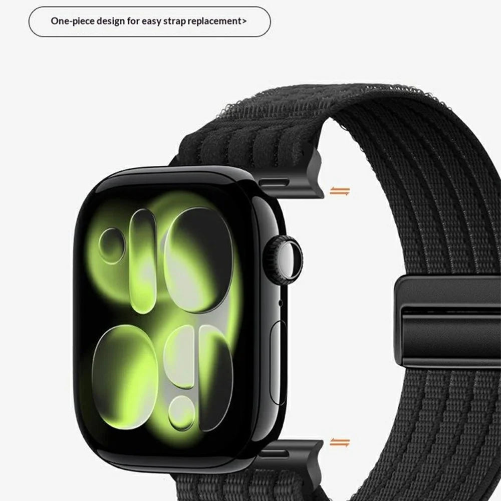 Nylon Watch Strap for Apple Watch Ultra 3 2 1 49mm / Series 11 10 46mm / 9 8 7 45mm / SE3 SE2 SE 6 5 4 44mm / 3 2 1 42mm Magnetic Clasp Five Ring Band - Black - 6
