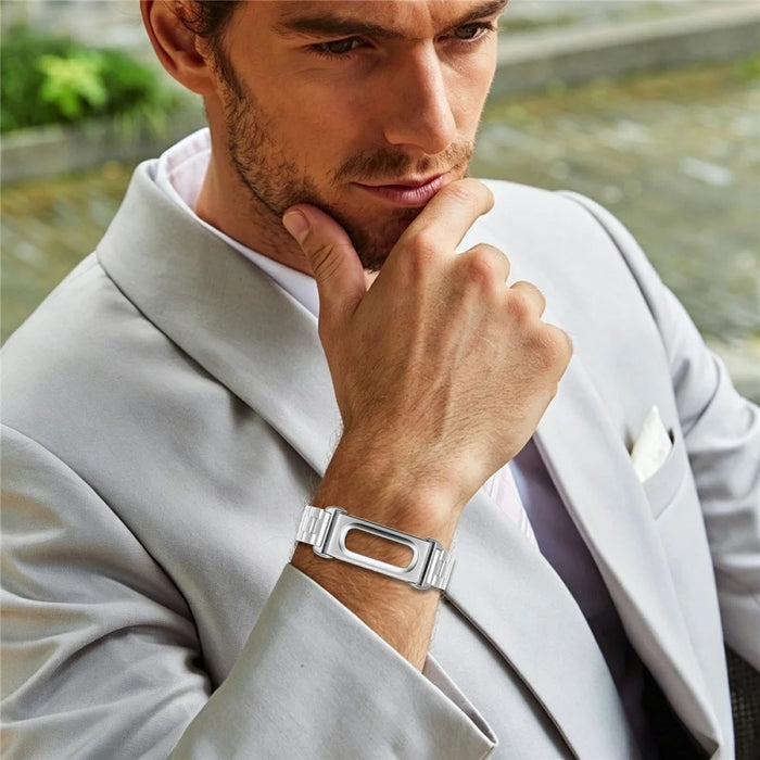 For Google Fitbit Air Stainless Steel Watch Band Three Bead Chain Link Strap - Silver - 3