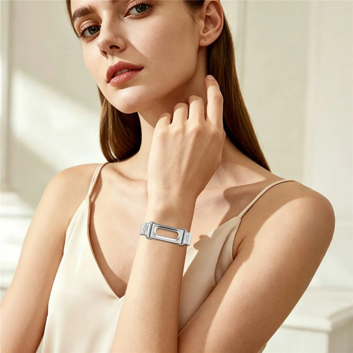 For Google Fitbit Air Stainless Steel Watch Band Three Bead Chain Link Strap - Silver - 4