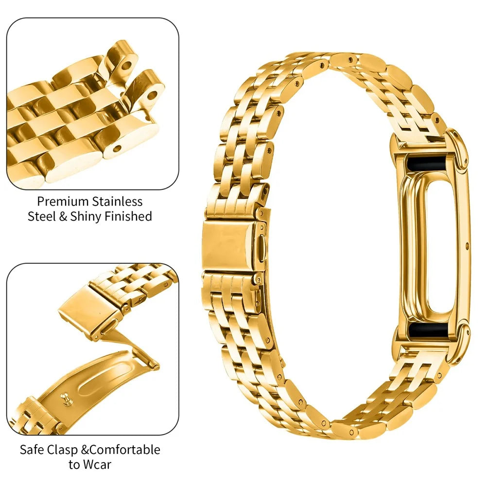 For Google Fitbit Air Metal Watch Band Eletroplating Stainless Steel Five-Bead Slim Strap - Gold - 3