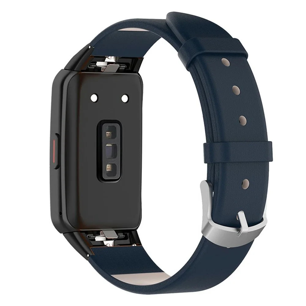 Top Layer Genuine Leather Quick Release Watch Band Strap Replacement for Huawei Band 6 / Honor Band 6 - Dark Blue - 1