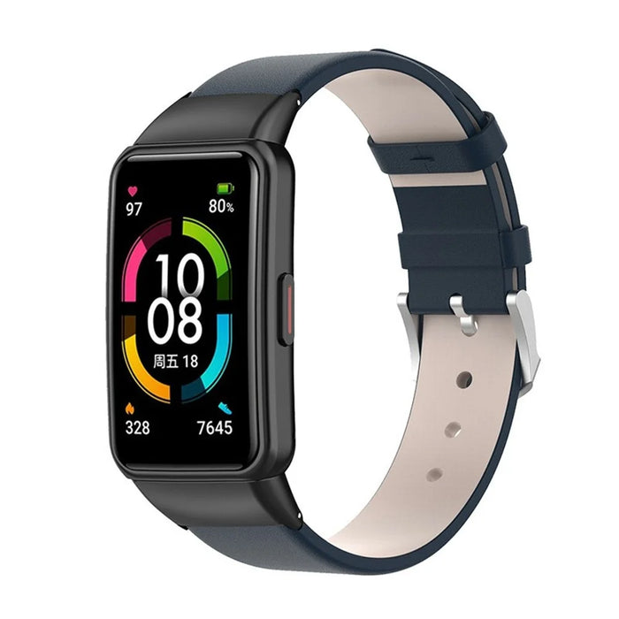 Top Layer Genuine Leather Quick Release Watch Band Strap Replacement for Huawei Band 6 / Honor Band 6 - Dark Blue - 2
