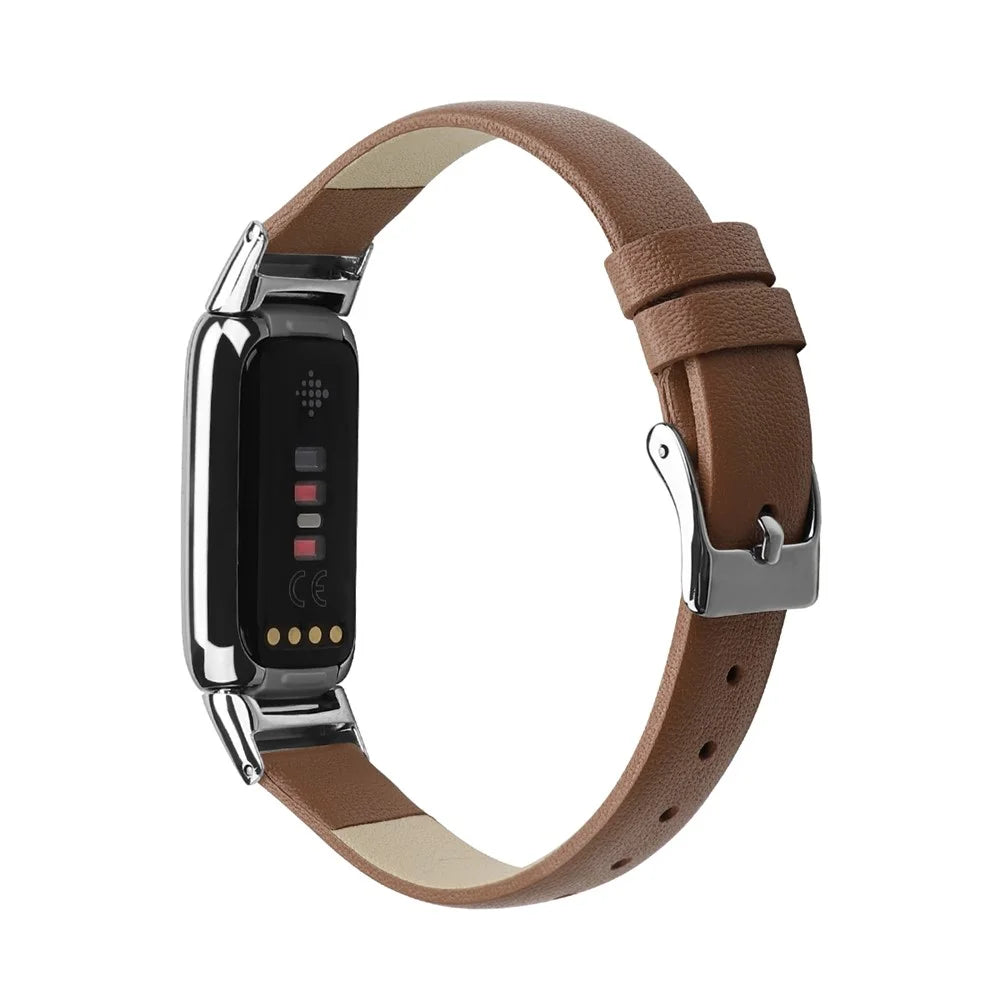Genuine Leather Watch Strap Adjustable Watchband Replacement, Size L (14.3+9.4cm) for Fitbit Luxe - Brown - 1