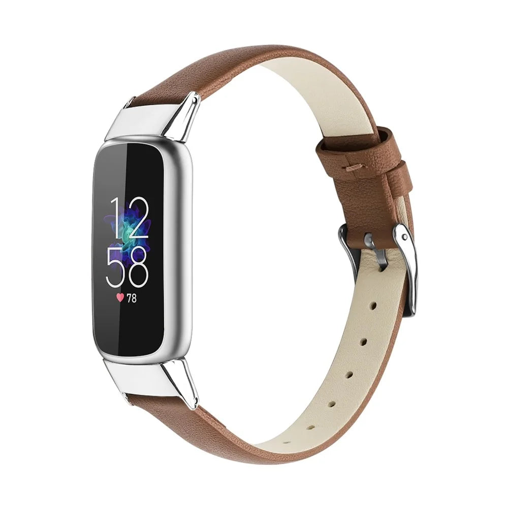 Genuine Leather Watch Strap Adjustable Watchband Replacement, Size L (14.3+9.4cm) for Fitbit Luxe - Brown - 2