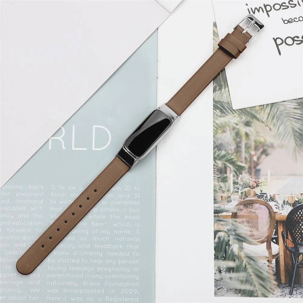 Genuine Leather Watch Strap Adjustable Watchband Replacement, Size L (14.3+9.4cm) for Fitbit Luxe - Brown - 4