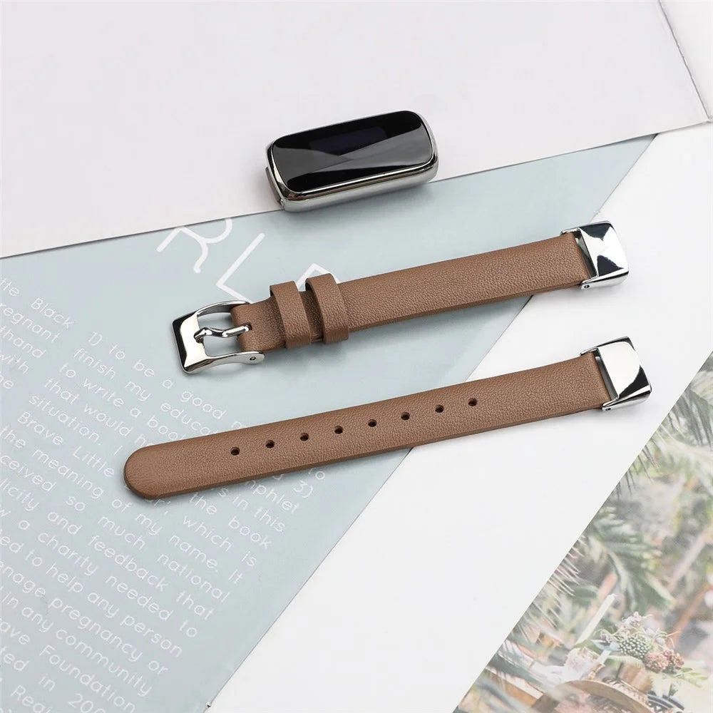 Genuine Leather Watch Strap Adjustable Watchband Replacement, Size L (14.3+9.4cm) for Fitbit Luxe - Brown - 5