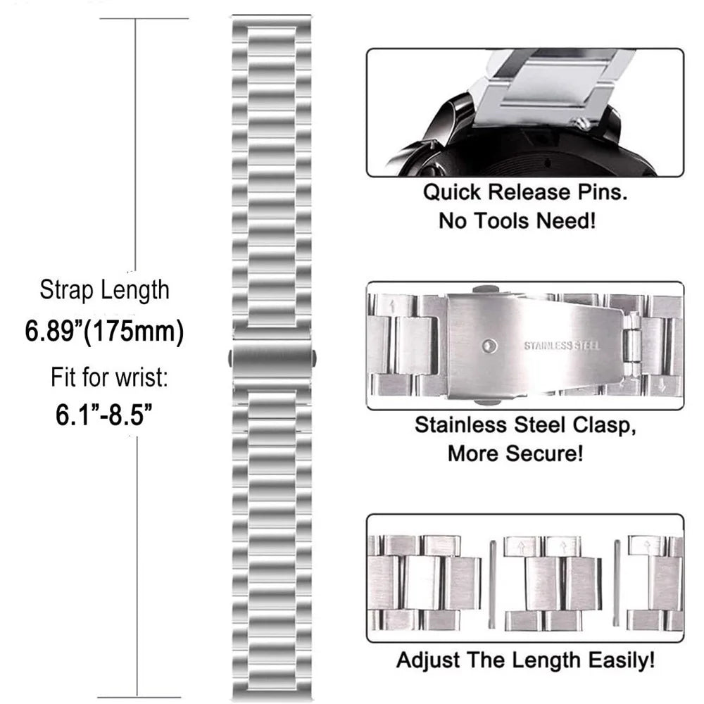 JLT 20mm Three Beads Stainless Steel Watch Band Flat Buckles for Samsung Galaxy Watch6 40mm 44mm / Watch6 Classic 43mm 47mm / Watch 5 40mm 44mm / 5 Pro 45mm / Watch4 40mm 44mm - Silver - 7