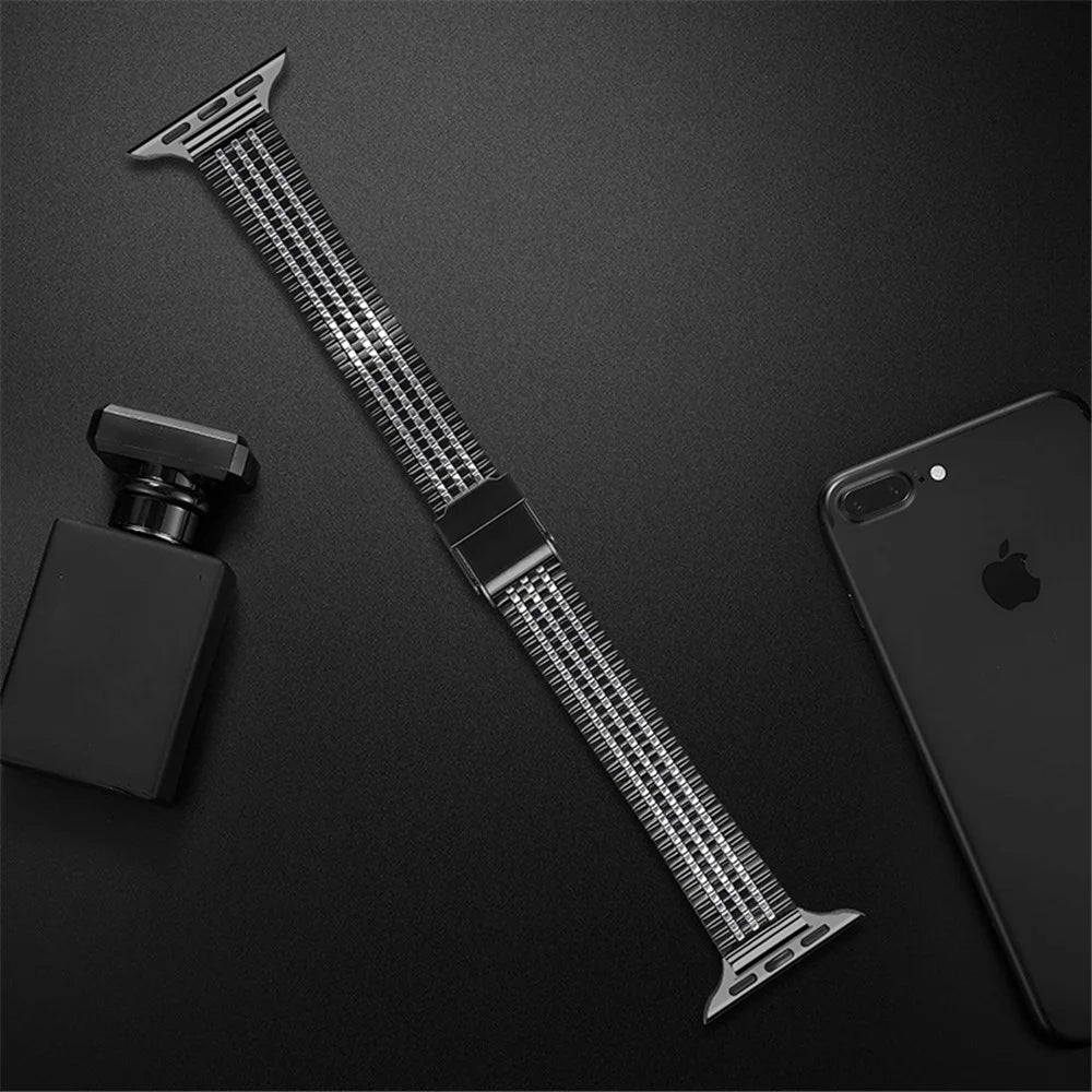 14mm Seven Beads Stainless Steel Watch Strap Dual Buckle Bracelet for Apple Watch Series 10 46mm / Ultra 2 Ultra 49mm / 9 8 7 45mm / SE (2023) SE (2022) SE 6 5 4 44mm / 3 2 1 42mm - Black - 4