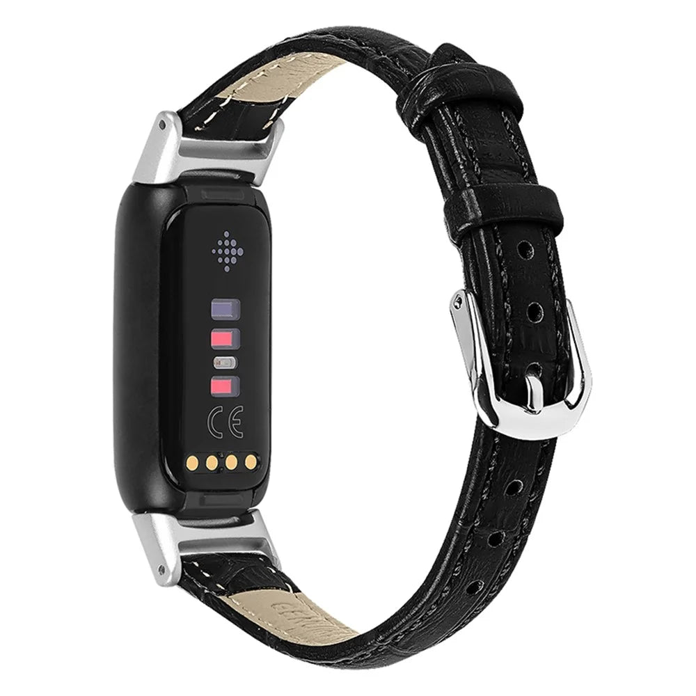Crocodile Texture Genuine Leather Replacement Watch Band Adjustable Wrist Strap for Fitbit Luxe - Black - 1
