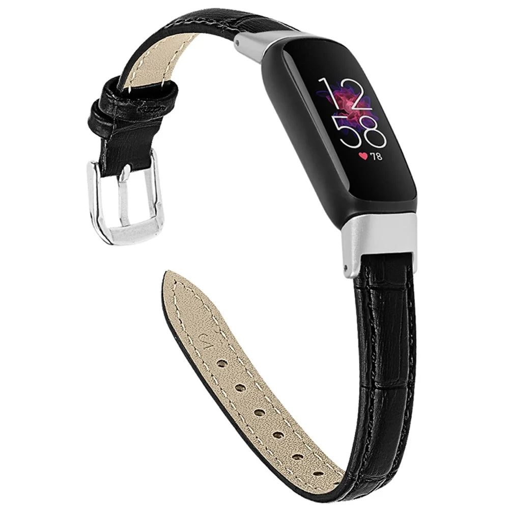 Crocodile Texture Genuine Leather Replacement Watch Band Adjustable Wrist Strap for Fitbit Luxe - Black - 3