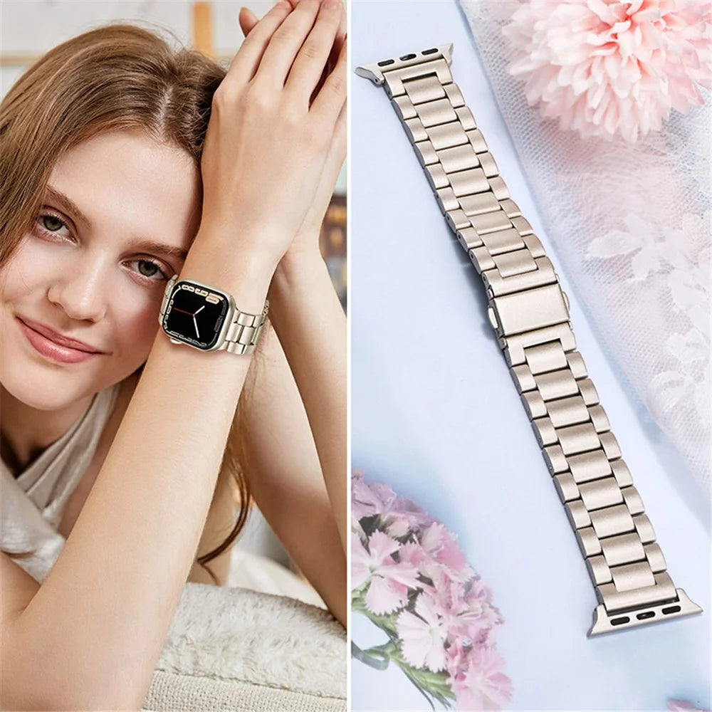 Watch Strap for Apple Watch Series 11 10 42mm / 9 8 7 41mm / SE3 SE2 SE 6 5 4 40mm / 3 2 1 38mm Three Beads Stainless Steel Watch Band - Starlight - 4