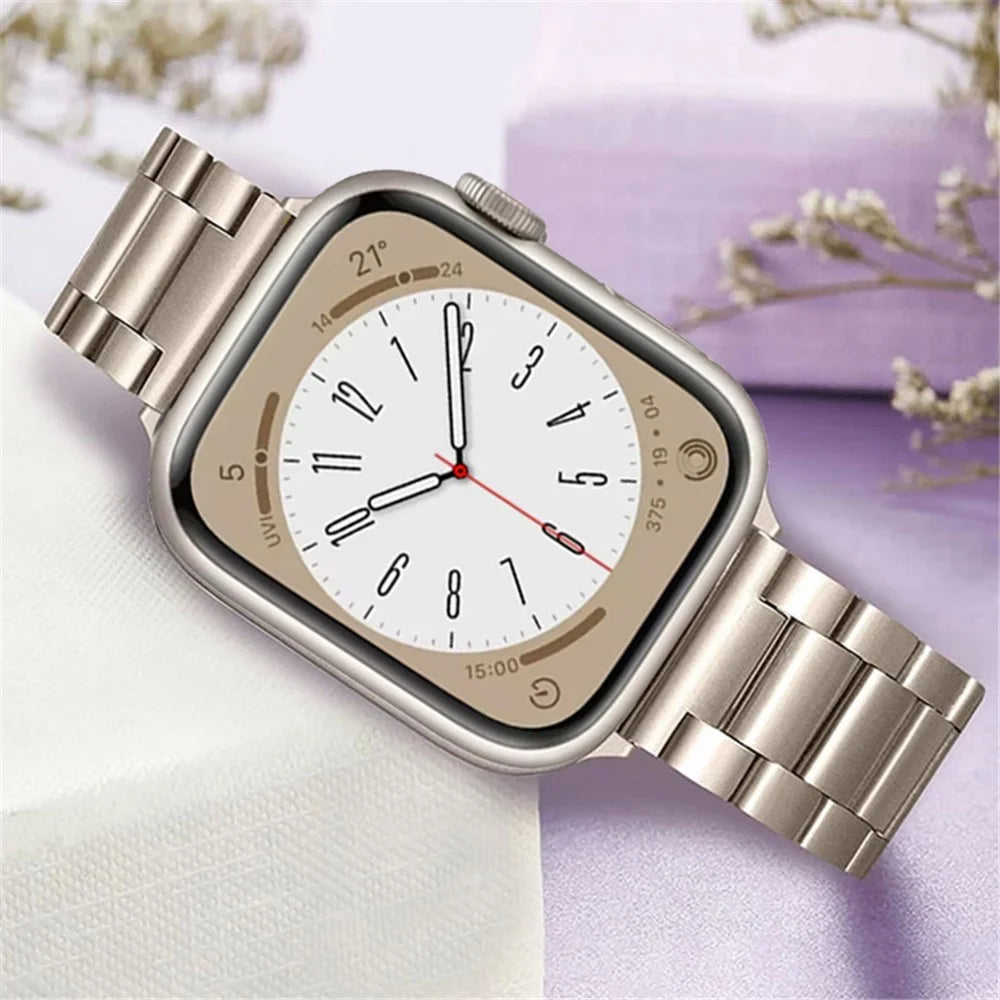 Watch Strap for Apple Watch Series 11 10 42mm / 9 8 7 41mm / SE3 SE2 SE 6 5 4 40mm / 3 2 1 38mm Three Beads Stainless Steel Watch Band - Starlight - 5