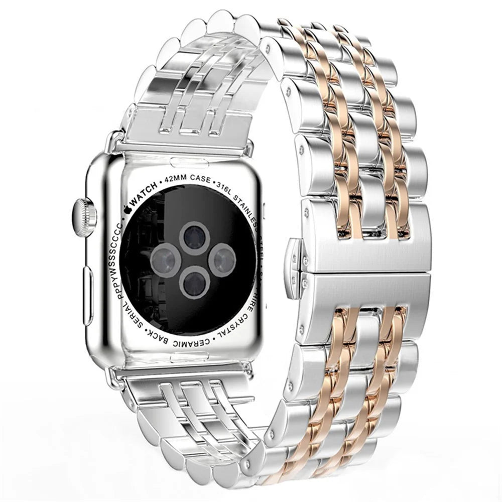 Stylish 7-Beads Stainless Steel Smart Watch Band Replacement Strap for Apple Watch Series 11 10 42mm / 9 8 7 41mm / SE3 SE2 SE 6 5 4 40mm / 3 2 1 38mm - Silver / Rose Gold - 1