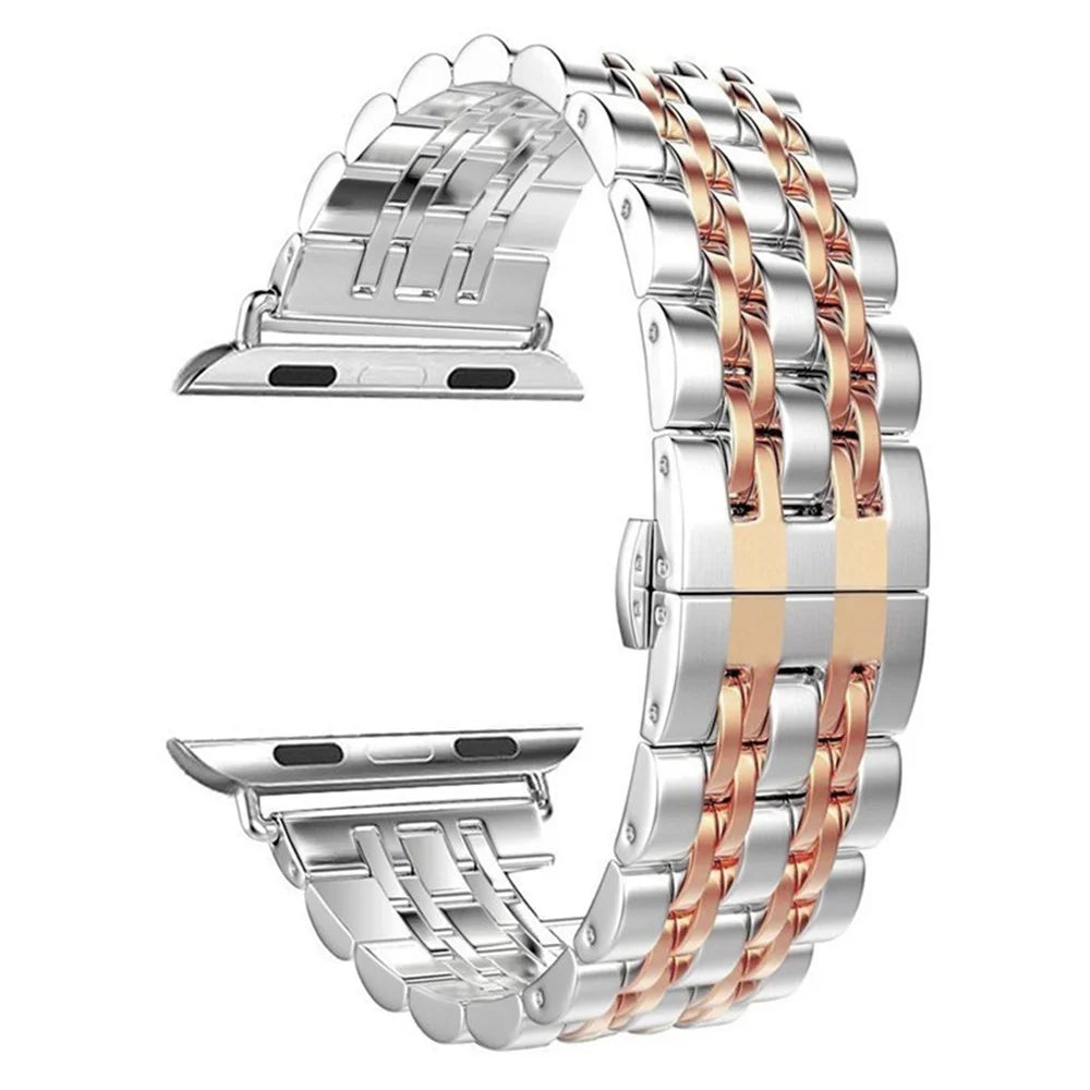 Stylish 7-Beads Stainless Steel Smart Watch Band Replacement Strap for Apple Watch Series 11 10 42mm / 9 8 7 41mm / SE3 SE2 SE 6 5 4 40mm / 3 2 1 38mm - Silver / Rose Gold - 2
