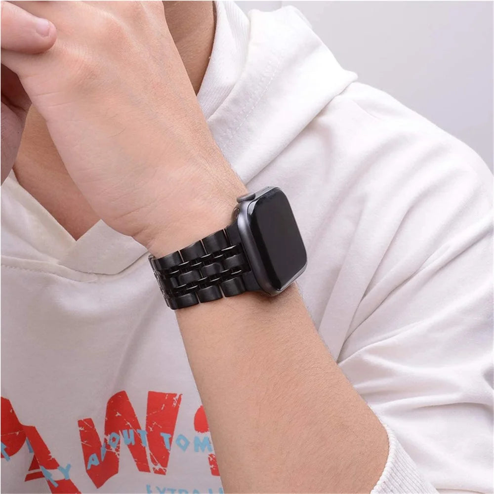 Solid Stainless Steel Watch Band 7-Beads Watch Strap Bracelet for Apple Watch Ultra 3 2 1 49mm / Series 11 10 46mm / 9 8 7 45mm / SE3 SE2 SE 6 5 4 44mm / 3 2 1 42mm - Black - 4