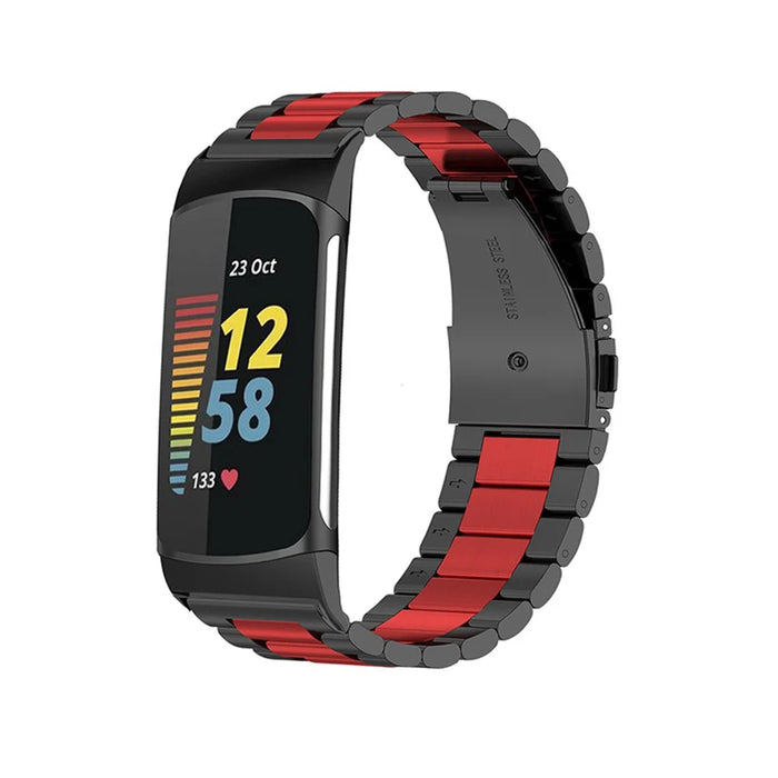 For Fitbit Charge 6 / 5 Stainless Steel Smart Watch Band Wrist Strap with Tool Replacement - Black / Red / Black - 2