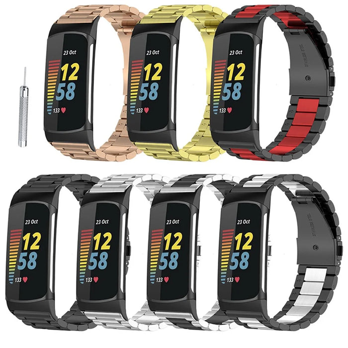 For Fitbit Charge 6 / 5 Stainless Steel Smart Watch Band Wrist Strap with Tool Replacement - Black / Red / Black - 4