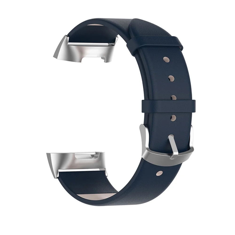 Quick Release Genuine Leather Smart Watch Band Wrist Strap for Fitbit Charge 5 - Dark Blue - 1