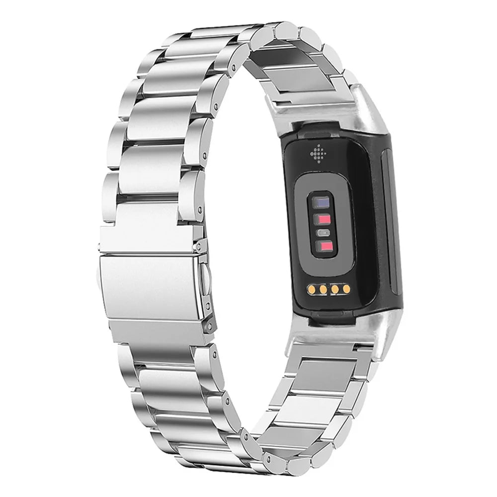 Stainless Steel Metal Band 3 Beads Replacement Watch Strap for Fitbit Charge 6 / 5 - Silver - 1