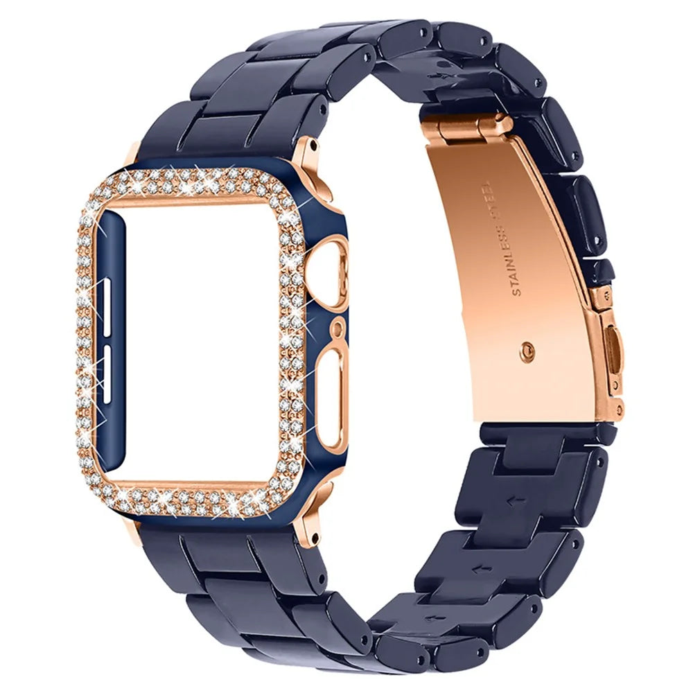 Bling Rhinestone Watch Case and Strap Replacement for Apple Watch Series 3/2/1 42mm - Midnight Blue/Rose Gold - 1