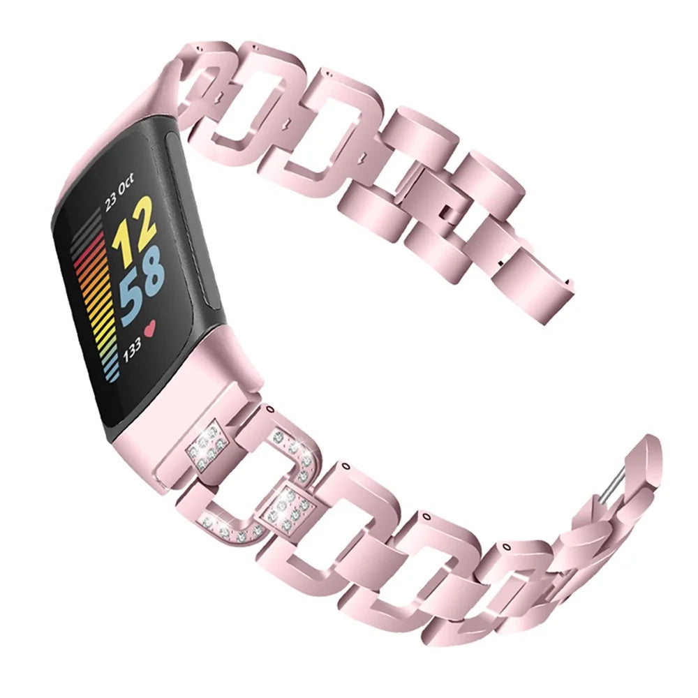 Women Fashion Hollow D Design Rhinestone Decor Stainless Steel Watch Strap Bracelet for Fitbit Charge 6 / 5 - Rose Pink - 1