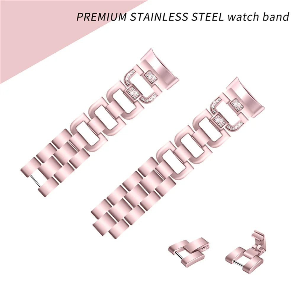 Women Fashion Hollow D Design Rhinestone Decor Stainless Steel Watch Strap Bracelet for Fitbit Charge 6 / 5 - Rose Pink - 2