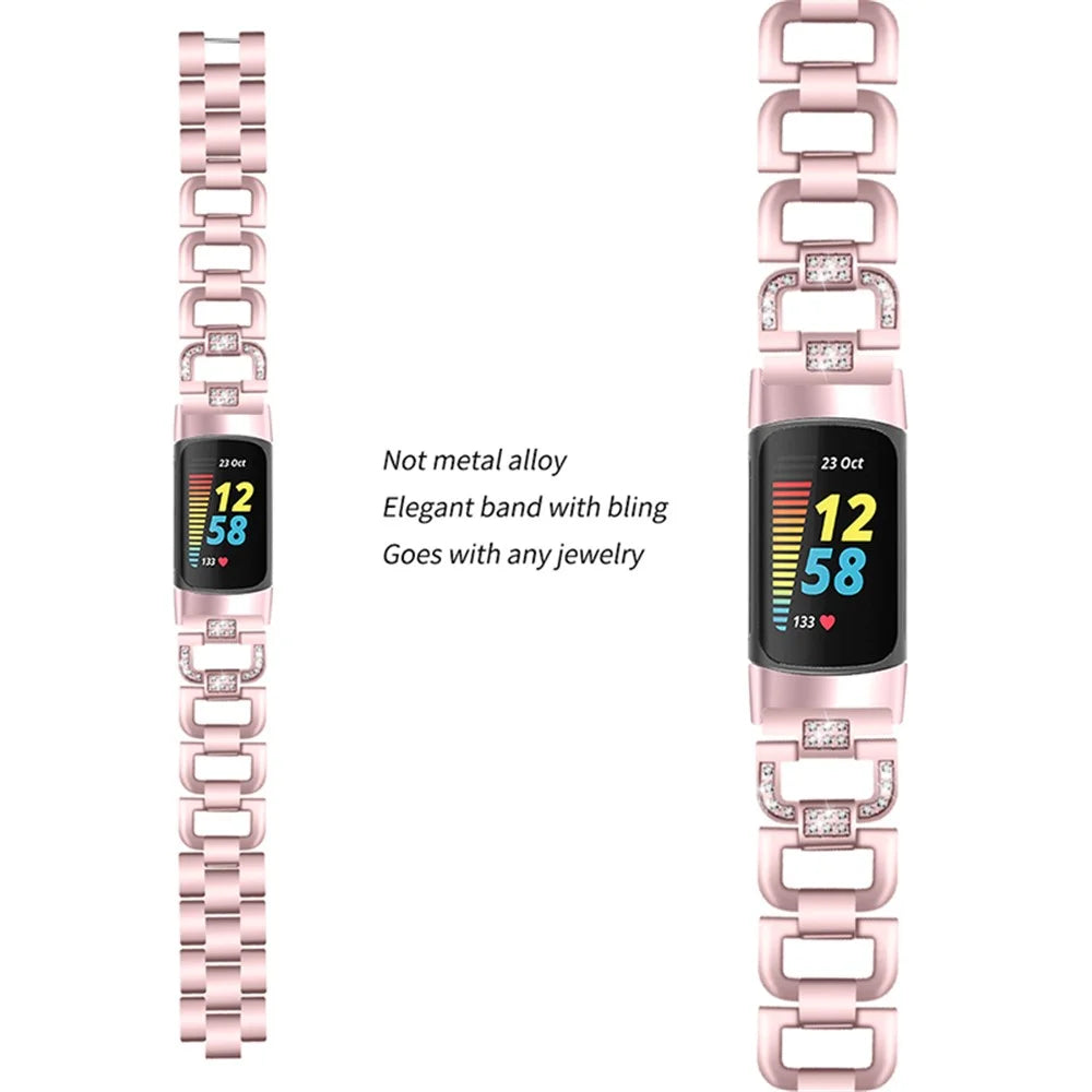 Women Fashion Hollow D Design Rhinestone Decor Stainless Steel Watch Strap Bracelet for Fitbit Charge 6 / 5 - Rose Pink - 3