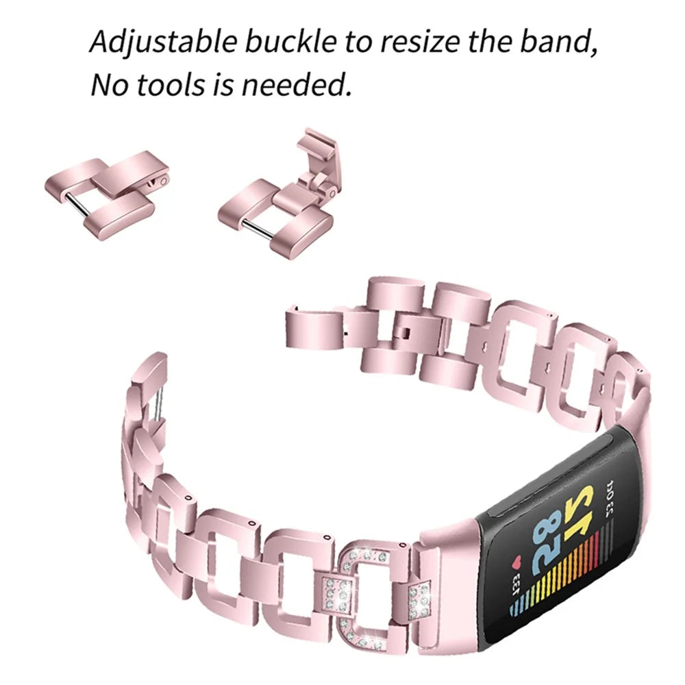 Women Fashion Hollow D Design Rhinestone Decor Stainless Steel Watch Strap Bracelet for Fitbit Charge 6 / 5 - Rose Pink - 4
