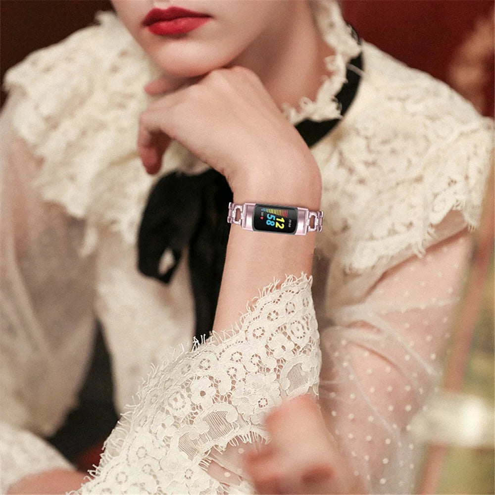 Women Fashion Hollow D Design Rhinestone Decor Stainless Steel Watch Strap Bracelet for Fitbit Charge 6 / 5 - Rose Pink - 5