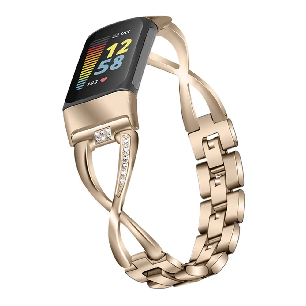 Hollow X Design Rhinestone Decor Women Watch Strap Metal Bracelet for Fitbit Charge 6 / 5 - Retro Gold - 1