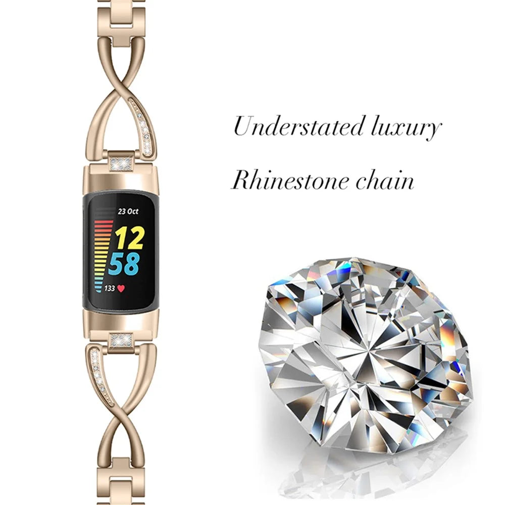 Hollow X Design Rhinestone Decor Women Watch Strap Metal Bracelet for Fitbit Charge 6 / 5 - Retro Gold - 2