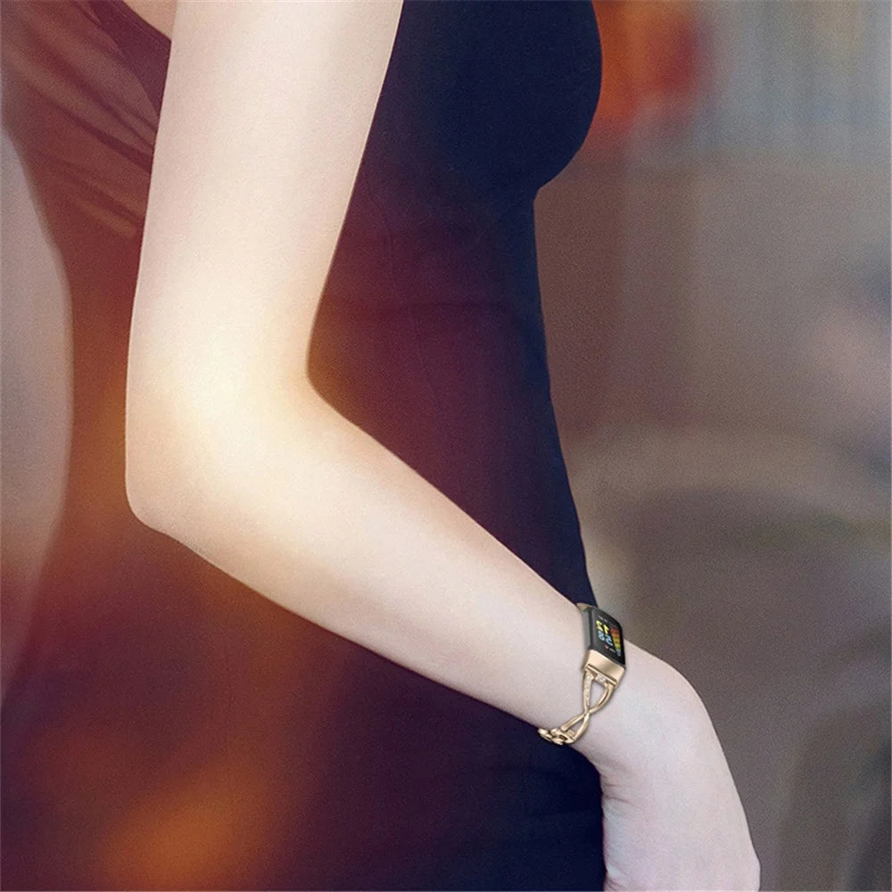 Hollow X Design Rhinestone Decor Women Watch Strap Metal Bracelet for Fitbit Charge 6 / 5 - Retro Gold - 4