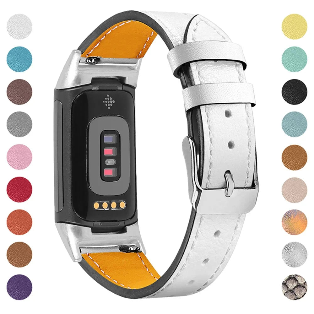 Premium Genuine Leather Adjustable Strap Watch Band for Fitbit Charge 6 / 5 - White - 1