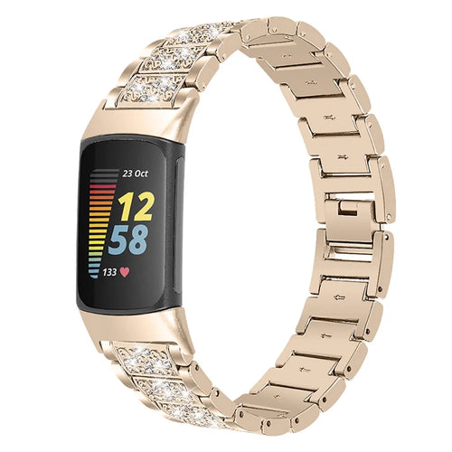 Bling Rhinestone Metal Watch Band Women Replacement Strap for Fitbit Charge 6 / 5 - Retro Gold - 1