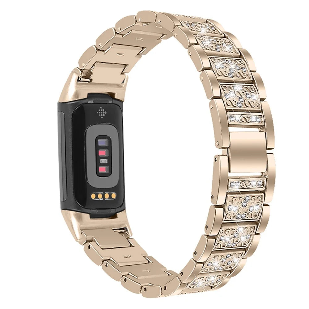Bling Rhinestone Metal Watch Band Women Replacement Strap for Fitbit Charge 6 / 5 - Retro Gold - 2